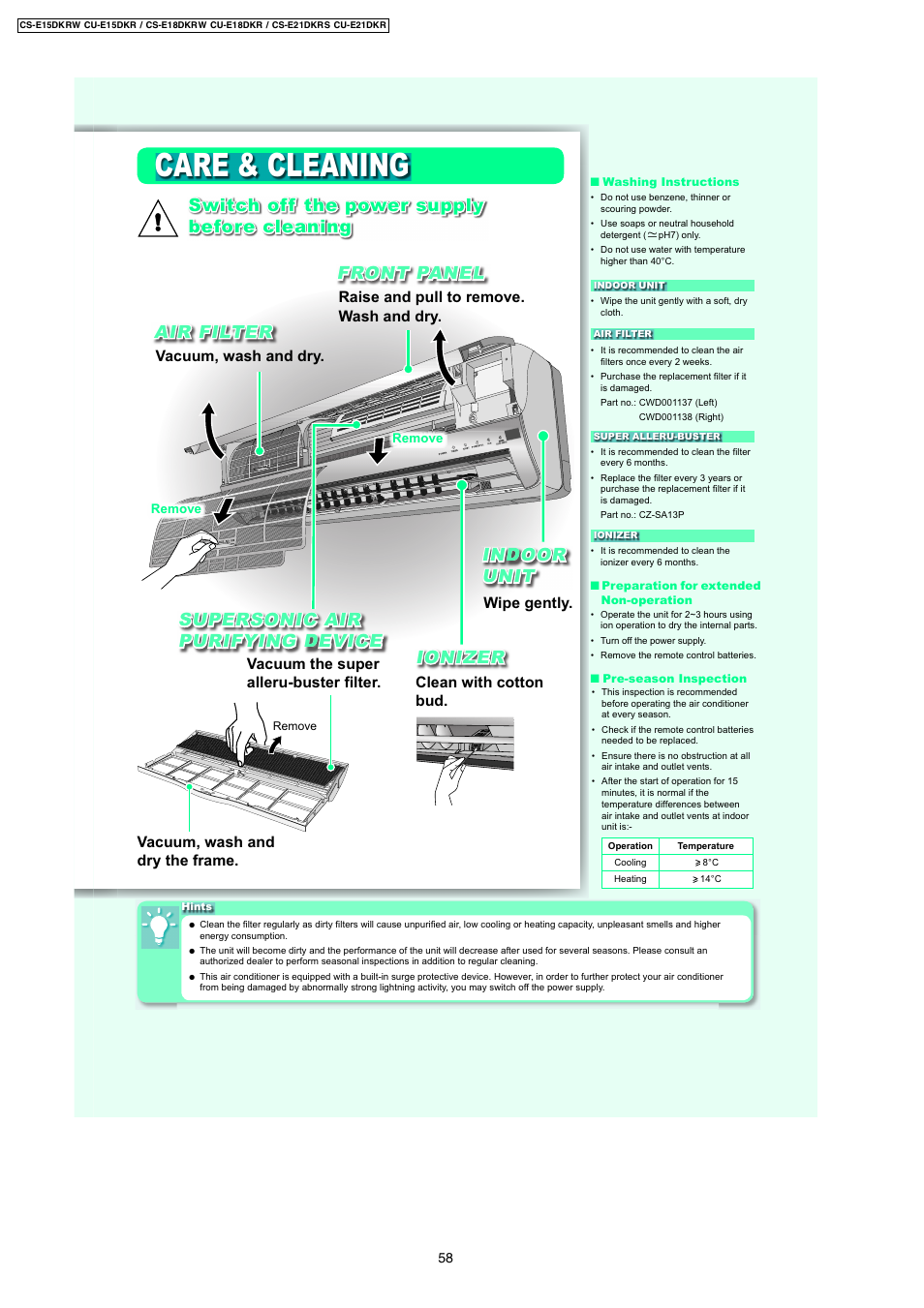 Care & cleaning, Supersonic air d purifying device, Air filter | Dindoor unit, Clean with cotton bud, Wipe gently | Panasonic CS-E18DKRW User Manual | Page 12 / 12
