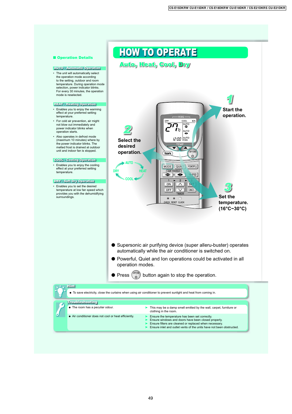 How to operate, Dauto, heat, cool, dr y | Panasonic CS-E18DKRW User Manual | Page 3 / 12