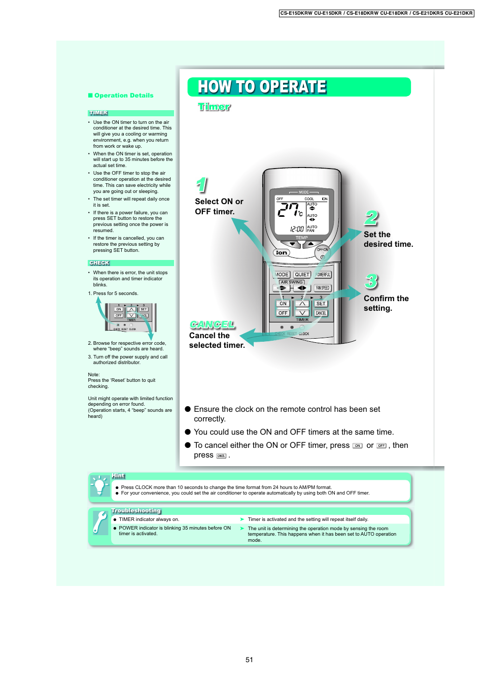 How to operate, Timer cancel | Panasonic CS-E18DKRW User Manual | Page 5 / 12