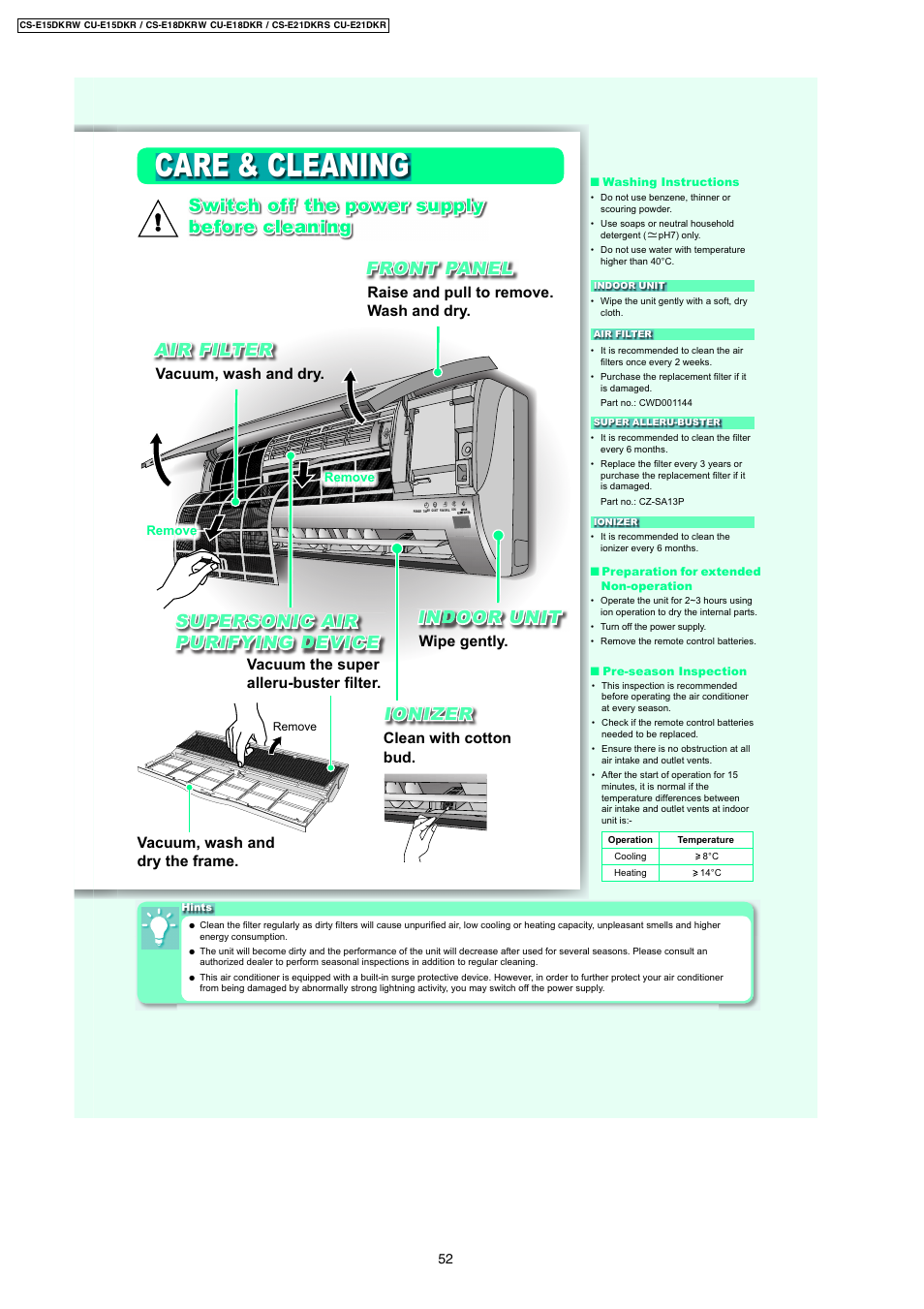 Care & cleaning, Switch off the power supply before cleaning, Front panel | Dindoor unit, Air filter supersonic air d purifying device, Ionizer, Raise and pull to remove. wash and dry, Wipe gently, Vacuum, wash and dry, Clean with cotton bud | Panasonic CS-E18DKRW User Manual | Page 6 / 12