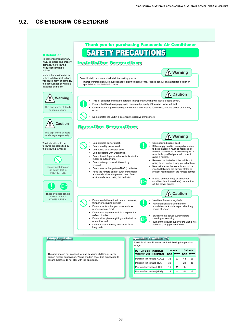 Safety precautions, Cs-e18dkrw cs-e21dkrs, Installation precautions | Operation precautions, Warning, Caution | Panasonic CS-E18DKRW User Manual | Page 7 / 12