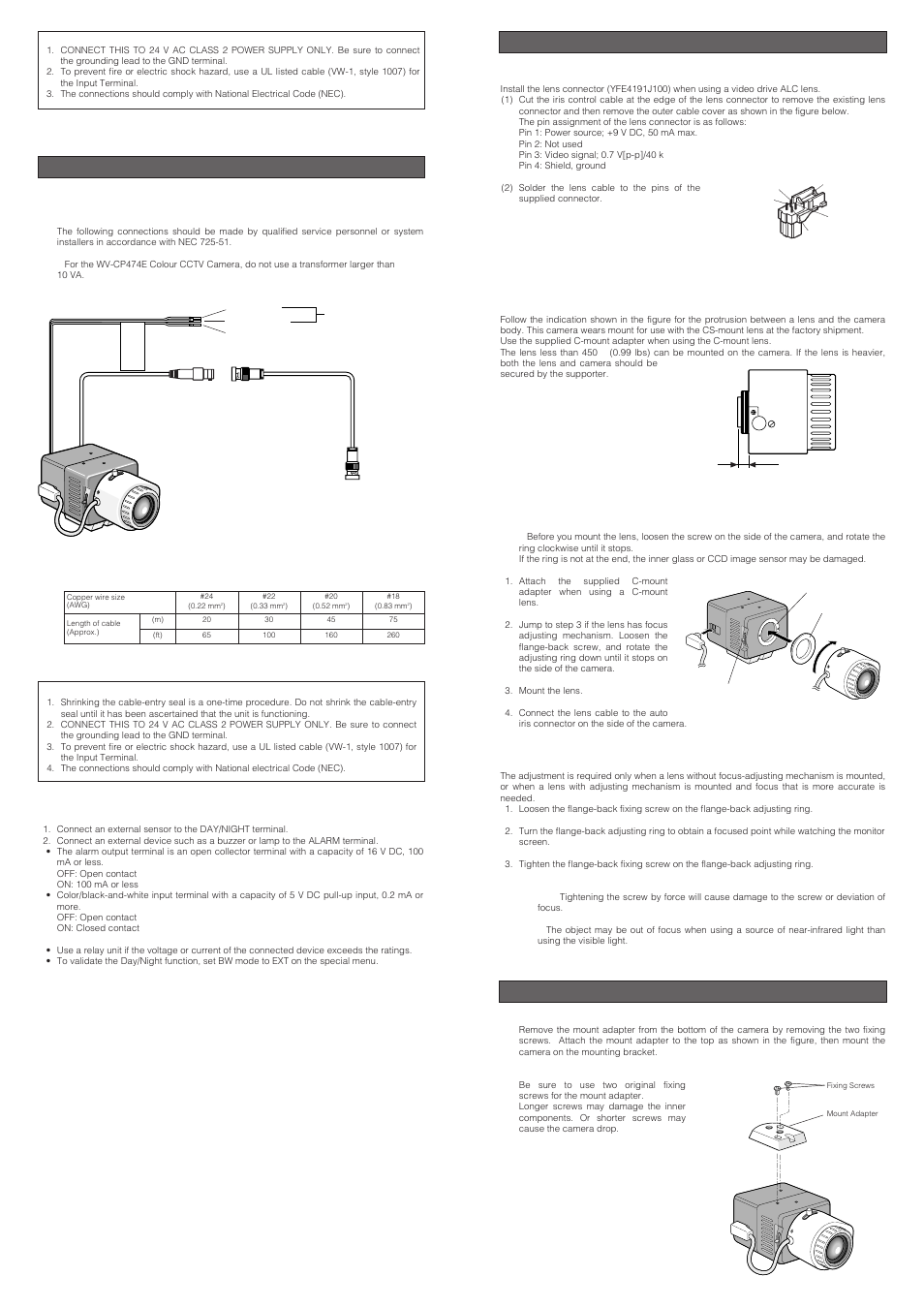 Connections, Mounting lens/focus adjustment, Installation of camera | Panasonic WV-CP474H User Manual | Page 2 / 6