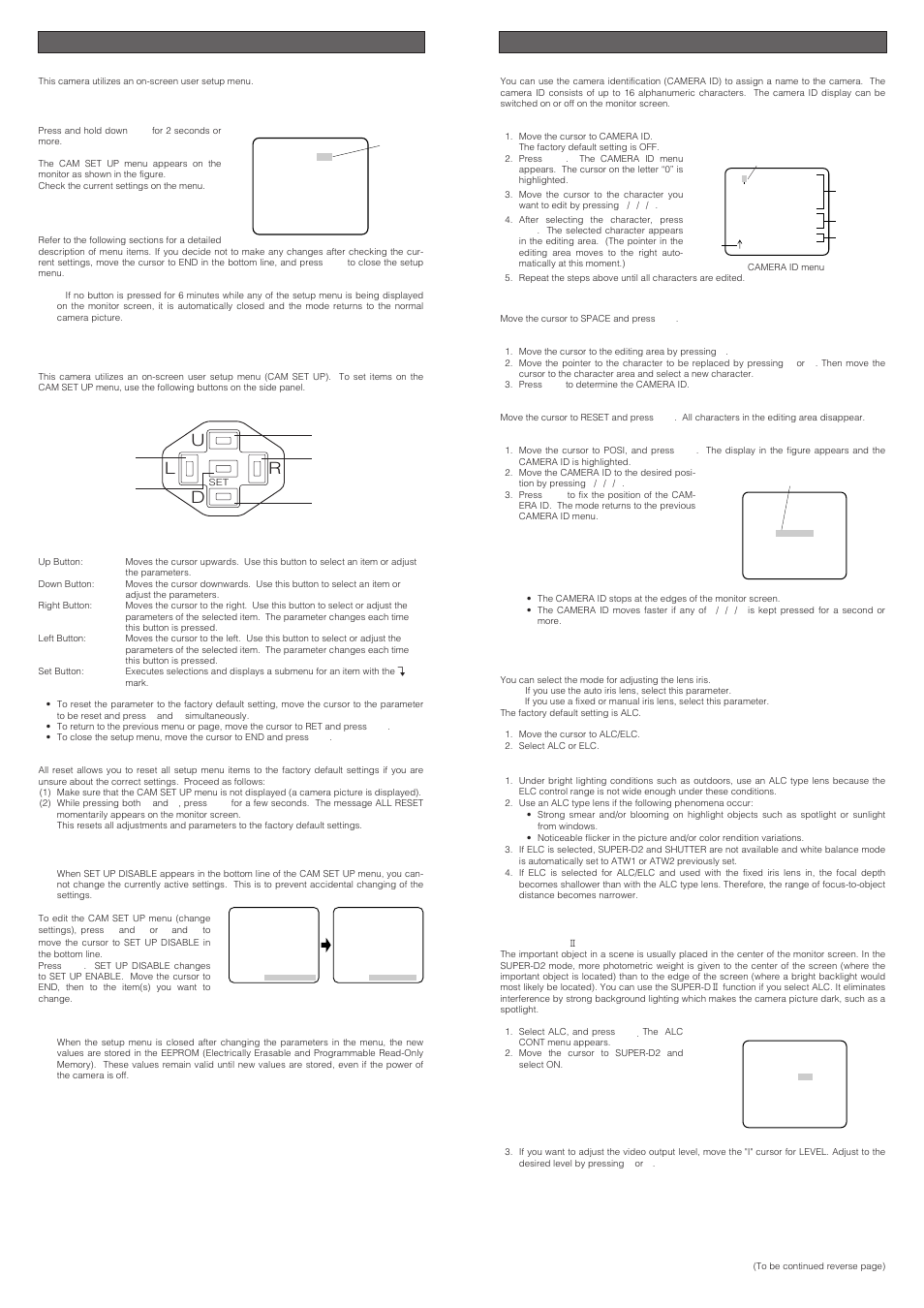 Setup, Camera setup menu, Setup operation | Setting procedures, Camera identification (camera id) setting, Light control setting (alc/elc), 1. alc mode with super-d2 on, Ud l r | Panasonic WV-CP474H User Manual | Page 3 / 6