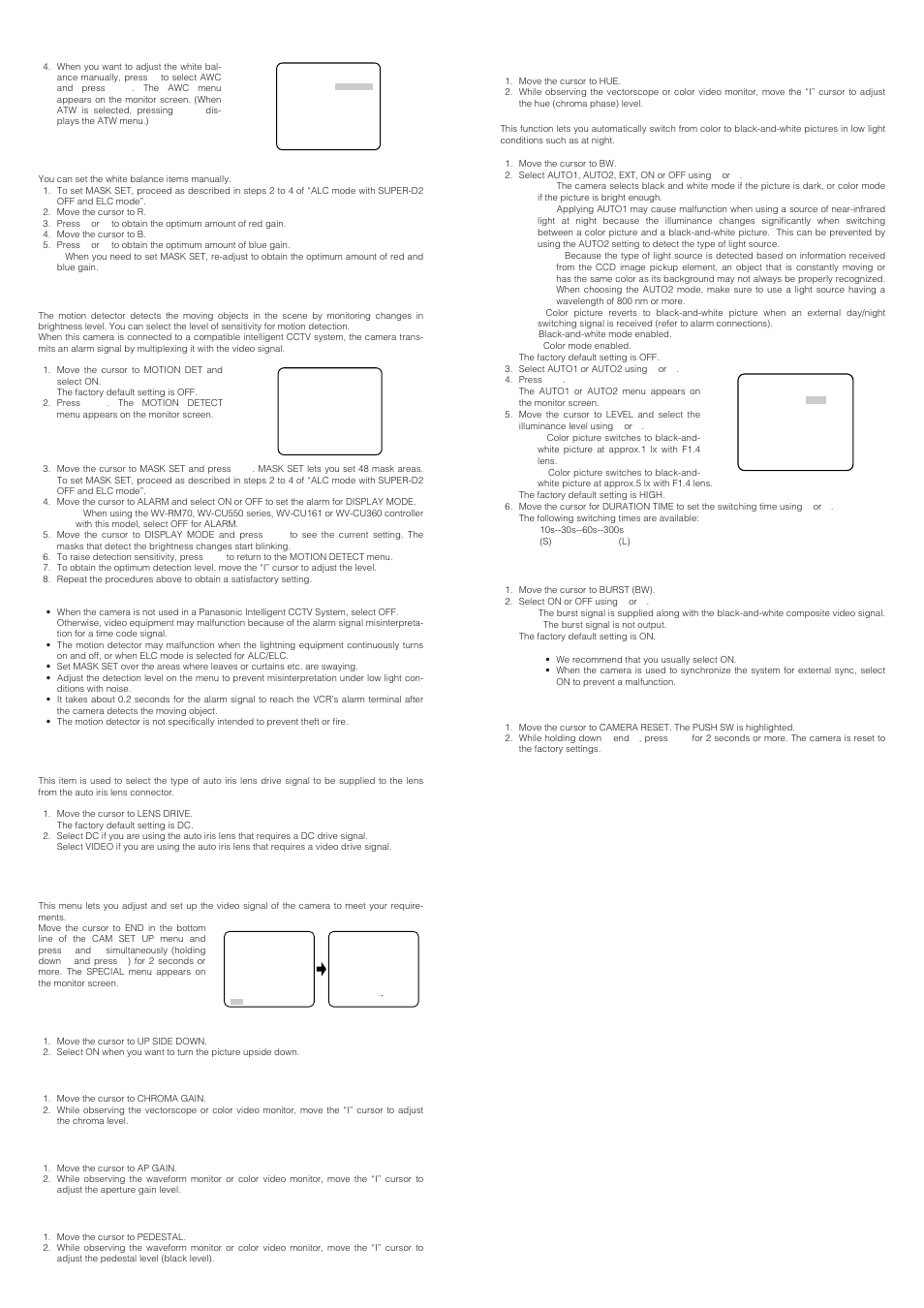 Motion detector setting (motion det), Lens drive signal selection (lens drive), Special menu | 2. chroma level setting (chroma gain), 3. aperture gain setting (ap gain), 4. pedestal level setting (pedestal), 5. chroma phase (hue) setting (hue), 6 bw, 7 burst (bw) | Panasonic WV-CP474H User Manual | Page 5 / 6