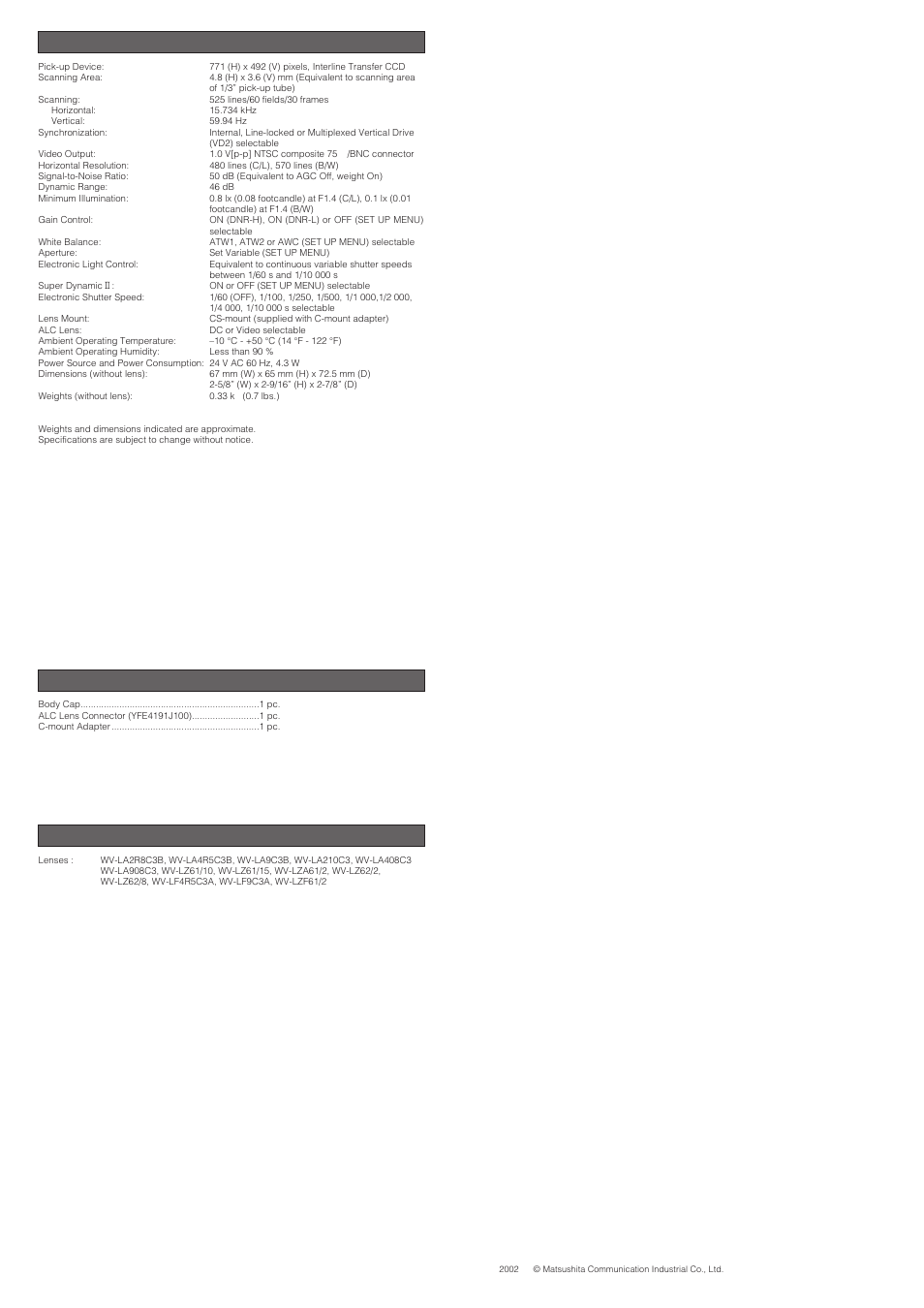 Specifications, Standard accessories, Optional accessories | Specifications optional accessories | Panasonic WV-CP474H User Manual | Page 6 / 6