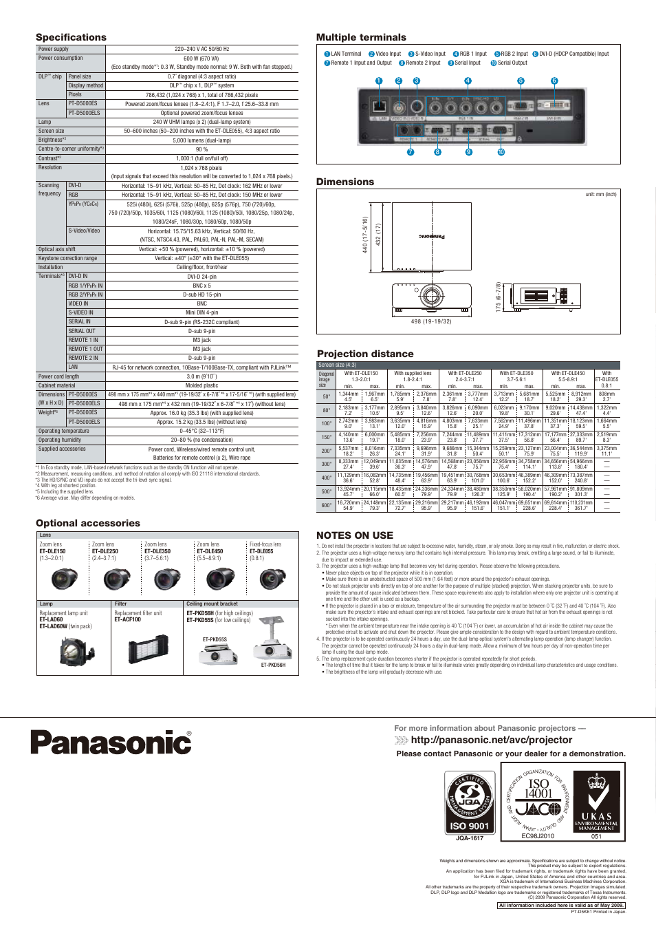 Multiple terminals, Dimensions, Based projector | Panasonic PT-D5000ELS User Manual | Page 4 / 4