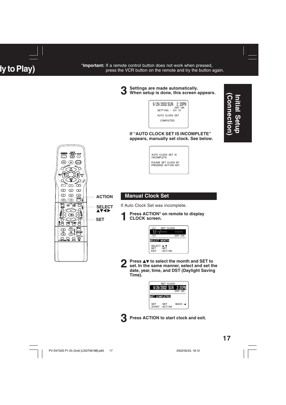 Dy to play), Initial setup (connection) | Panasonic PV-D4732 User Manual | Page 17 / 60