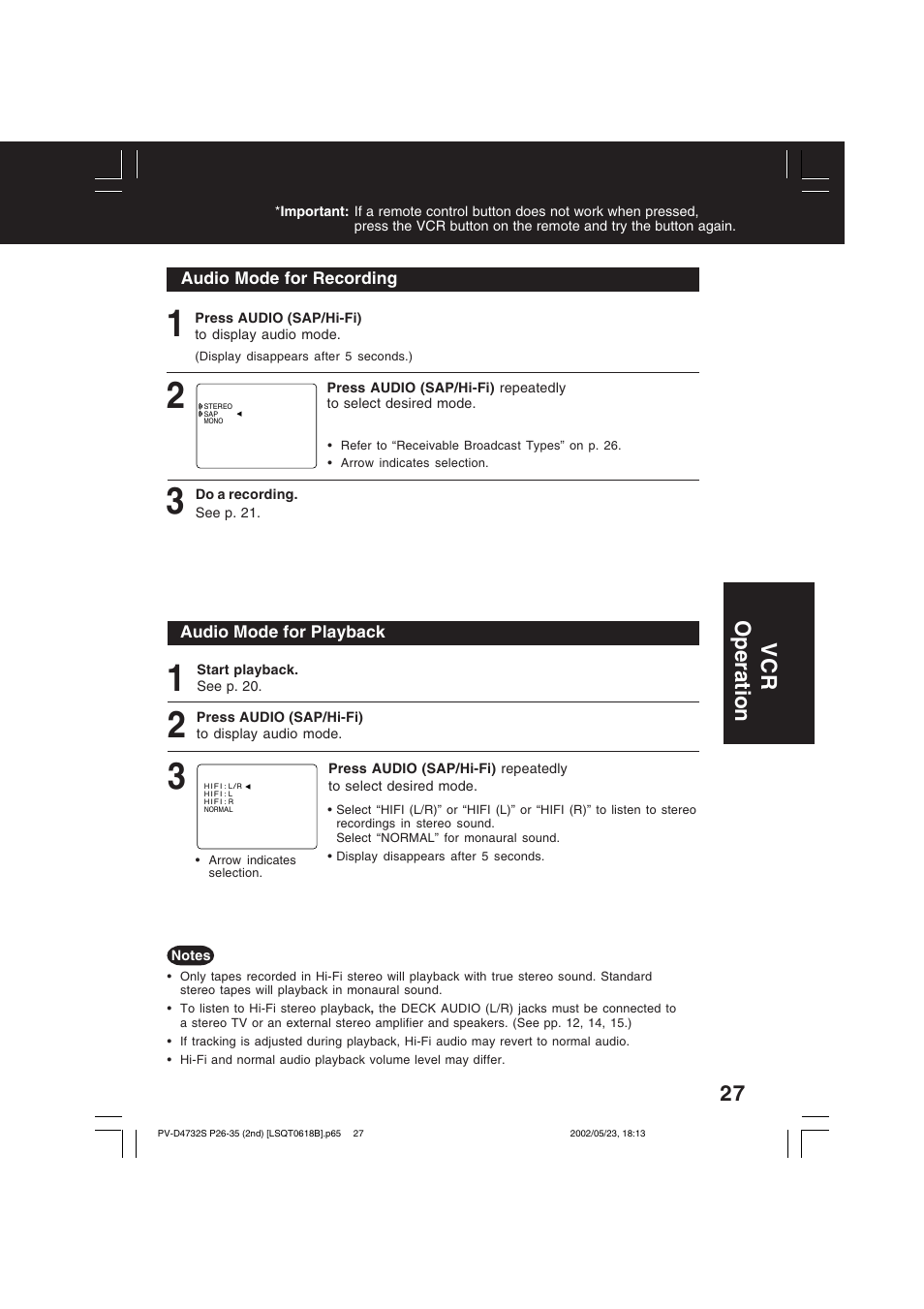 Vcr operation | Panasonic PV-D4732 User Manual | Page 27 / 60