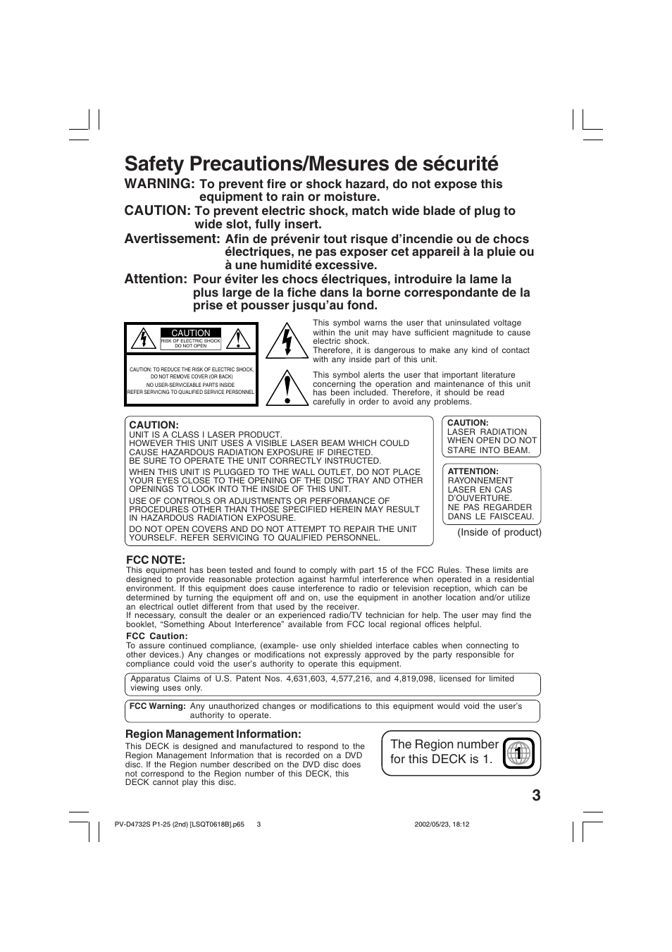 Safety precautions/mesures de sécurité, Warning, Caution | Avertissement, Attention | Panasonic PV-D4732 User Manual | Page 3 / 60