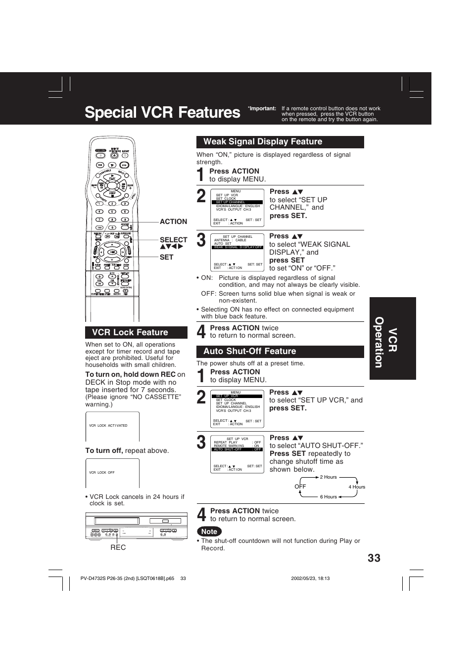 Special vcr features, Vcr operation | Panasonic PV-D4732 User Manual | Page 33 / 60