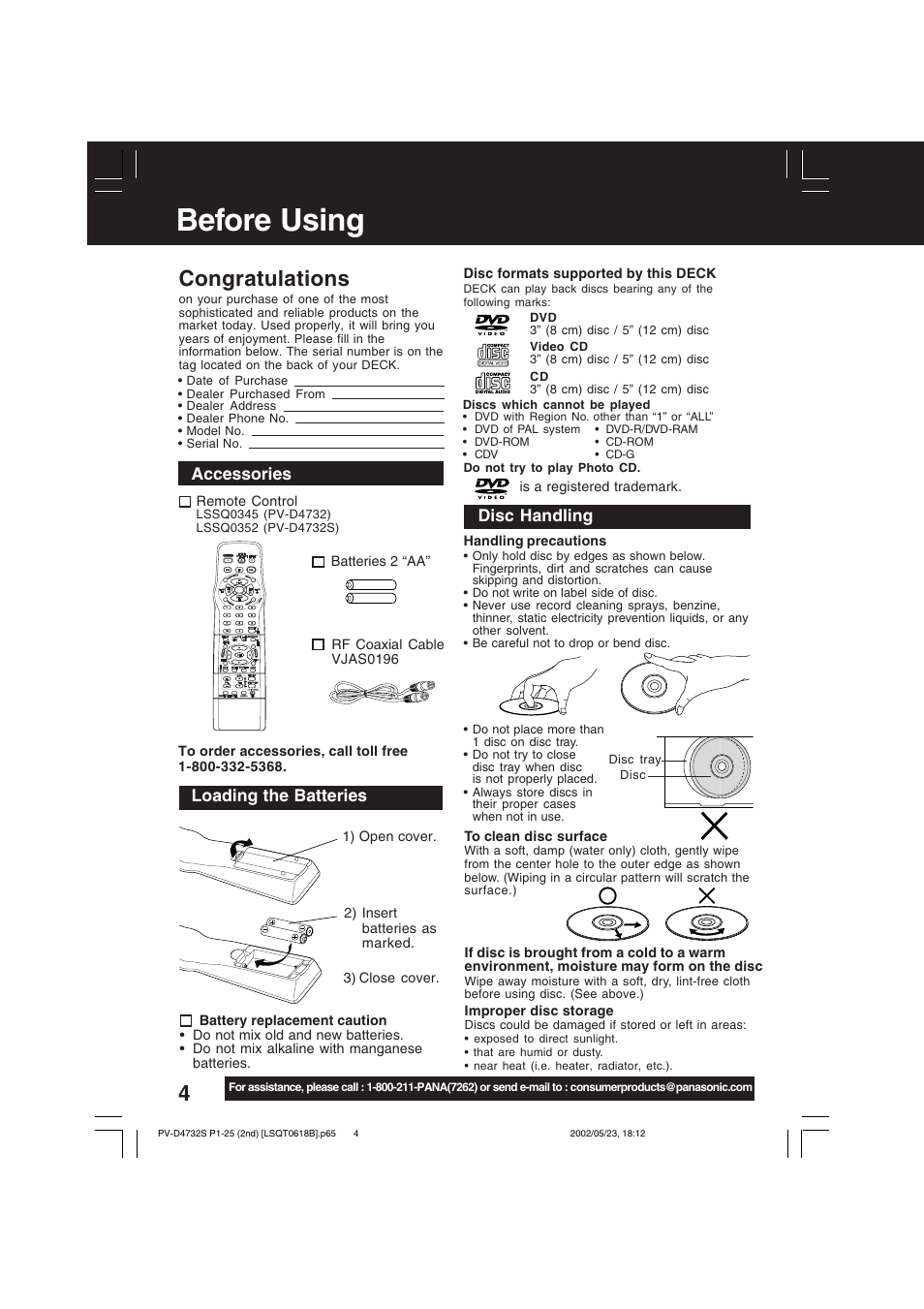 Before using, Disc handling, Loading the batteries | Accessories | Panasonic PV-D4732 User Manual | Page 4 / 60