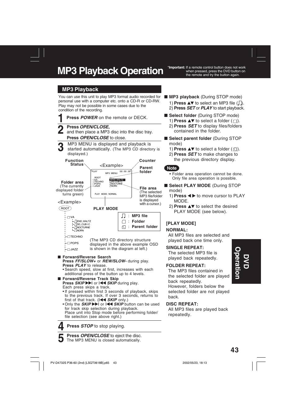 Mp3 playback operation, Dv d operation | Panasonic PV-D4732 User Manual | Page 43 / 60