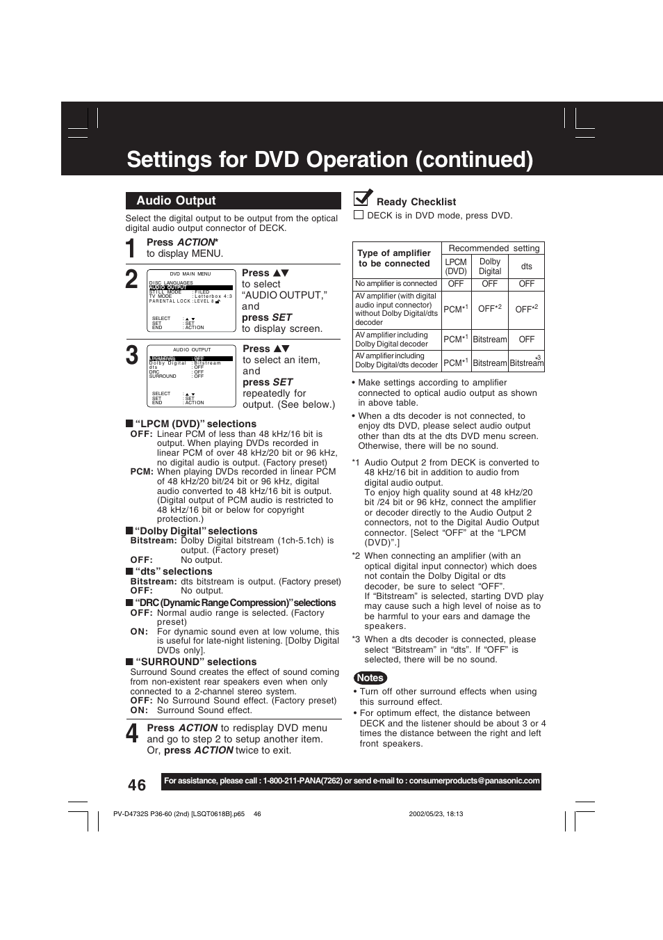 Settings for dvd operation (continued), Audio output | Panasonic PV-D4732 User Manual | Page 46 / 60