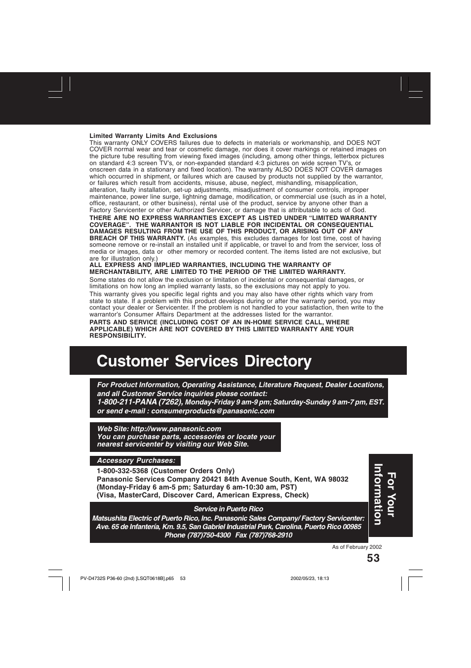 Customer services directory, For y our information | Panasonic PV-D4732 User Manual | Page 53 / 60