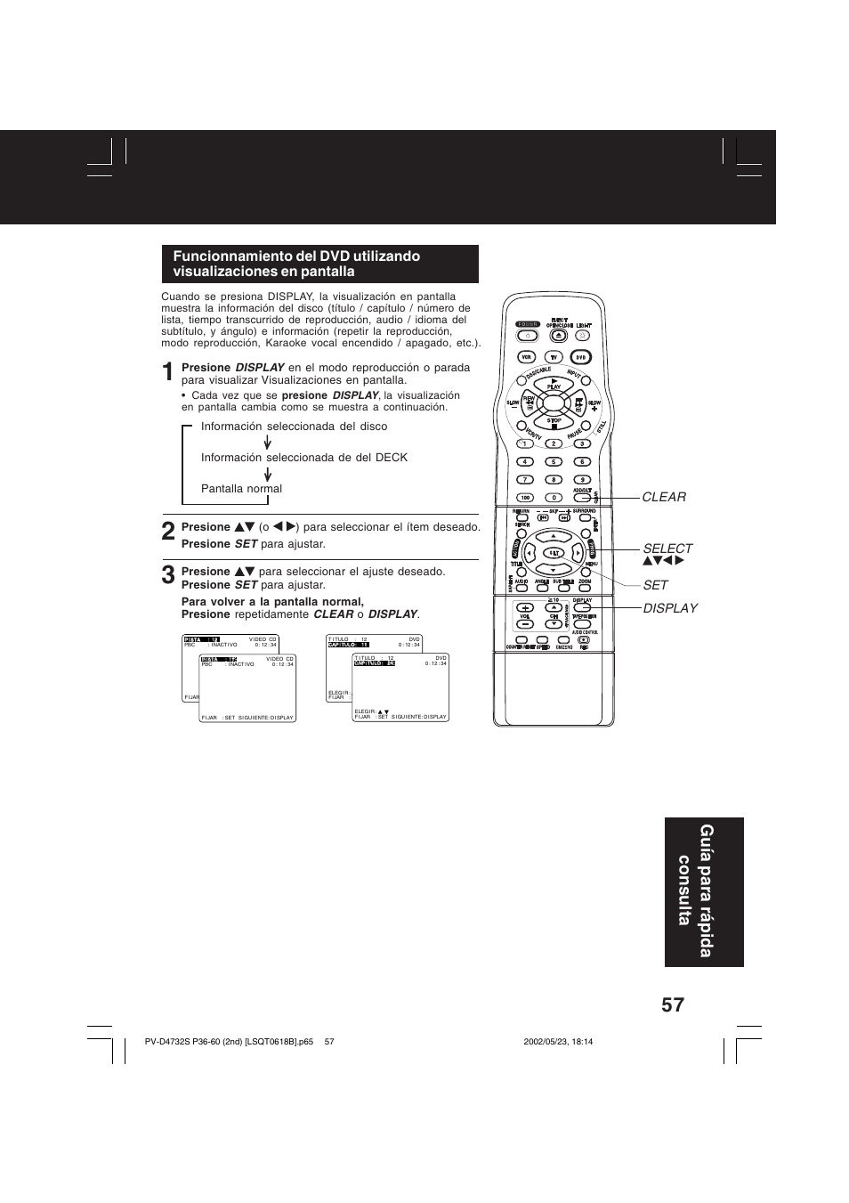 Gu ía para r á pida consulta, Select display clear set | Panasonic PV-D4732 User Manual | Page 57 / 60