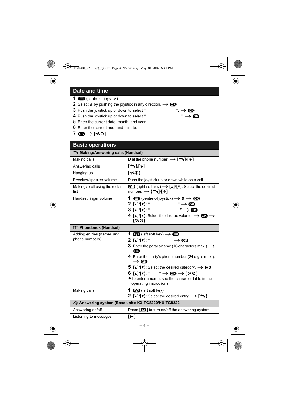 Date and time, Basic operations | Panasonic KX-TG8200E/KX-TG8202E User Manual | Page 4 / 10