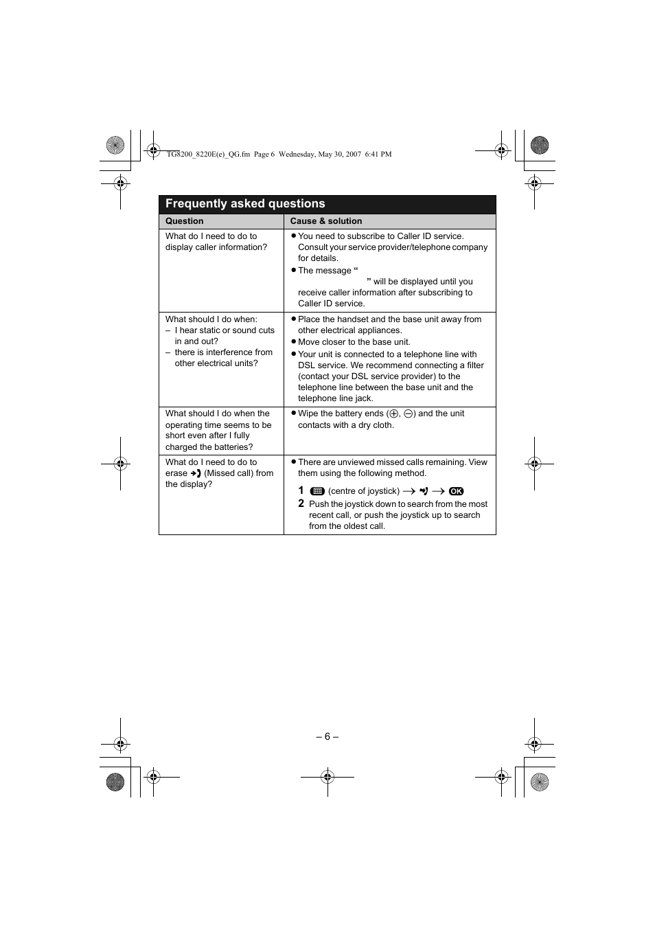 Frequently asked questions | Panasonic KX-TG8200E/KX-TG8202E User Manual | Page 6 / 10