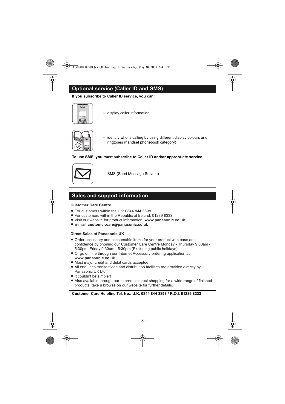 Optional service (caller id and sms), Sales and support information | Panasonic KX-TG8200E/KX-TG8202E User Manual | Page 8 / 10