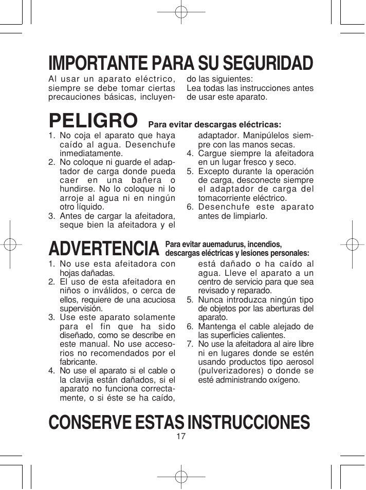 Espanol, Importante para su seguridad, Peligro | Advertencia, Conserve estas instrucciones | Panasonic ES2219 User Manual | Page 12 / 15