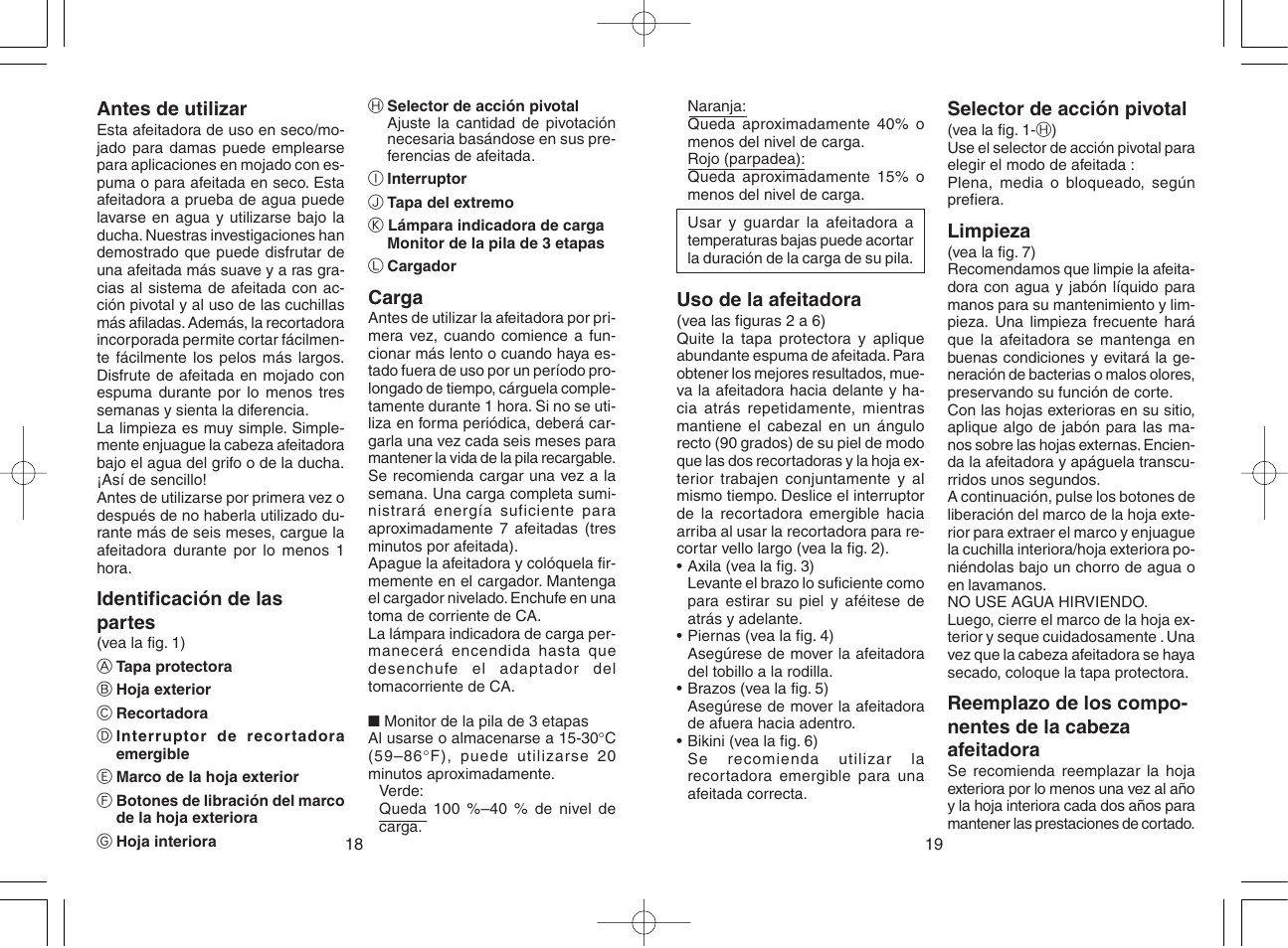 Uso de la afeitadora, Selector de acción pivotal, Limpieza | Antes de utilizar, Identificación de las partes, Carga | Panasonic ES2219 User Manual | Page 13 / 15