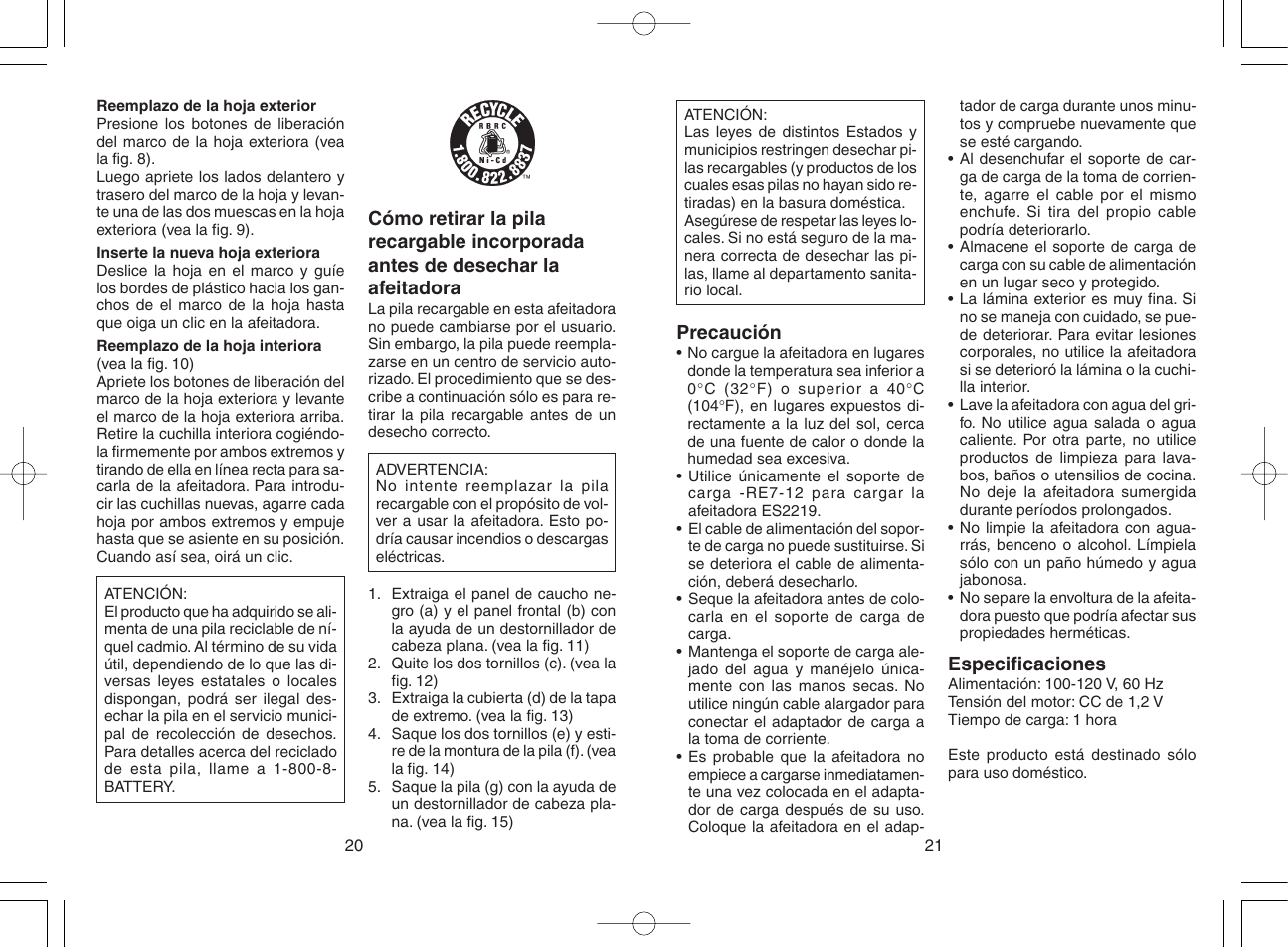 Precaución, Especificaciones | Panasonic ES2219 User Manual | Page 14 / 15