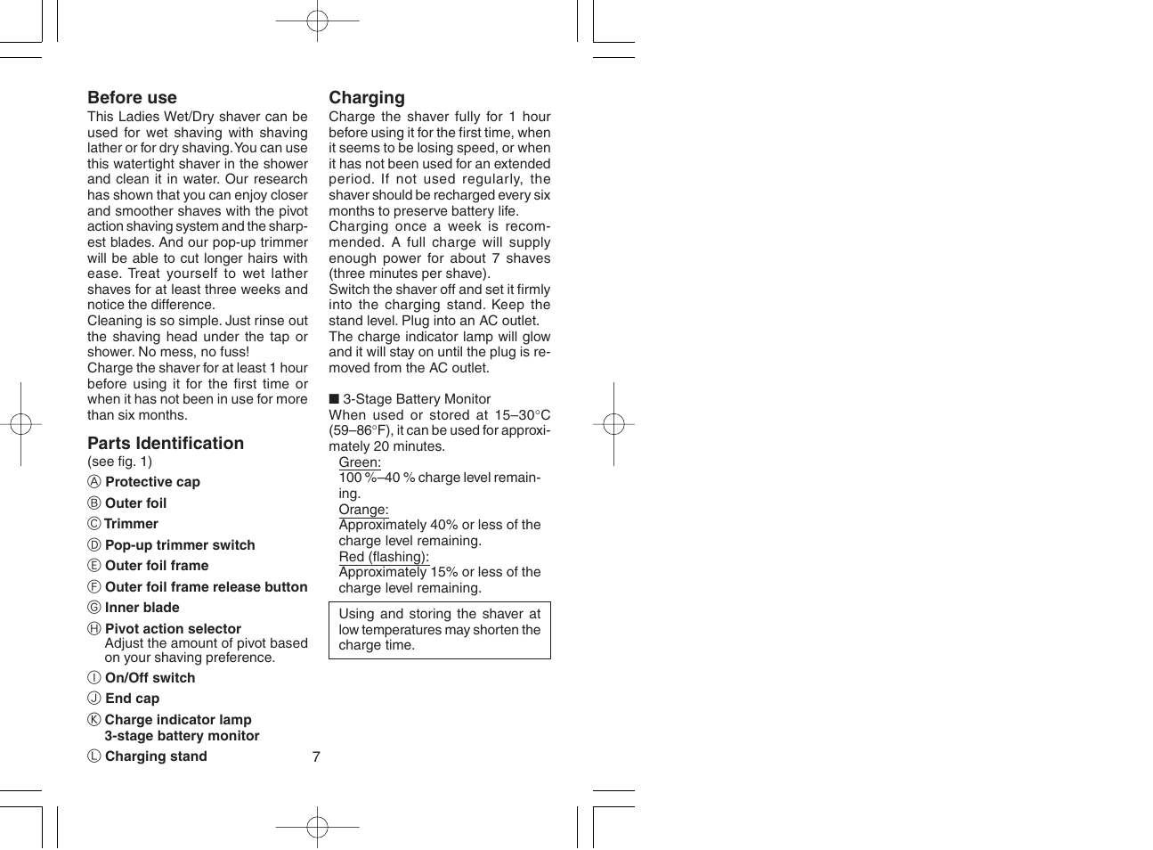 English, Before use, Parts identification | Charging | Panasonic ES2219 User Manual | Page 5 / 15