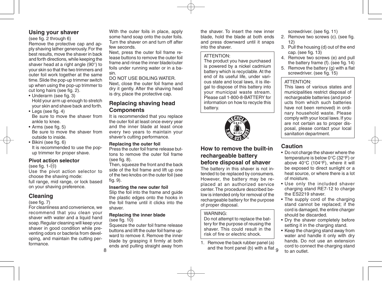 Caution, Using your shaver, Cleaning | Replacing shaving head components | Panasonic ES2219 User Manual | Page 6 / 15