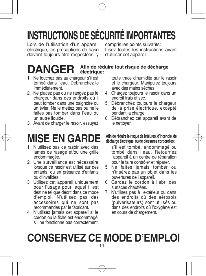 Francais, Instructions de sécurité importantes, Danger | Mise en garde, Conservez ce mode d’emploi | Panasonic ES2219 User Manual | Page 8 / 15