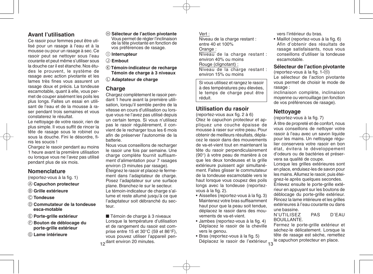 Utilisation du rasoir, Nettoyage, Avant l’utilisation | Nomenclature, Charge | Panasonic ES2219 User Manual | Page 9 / 15