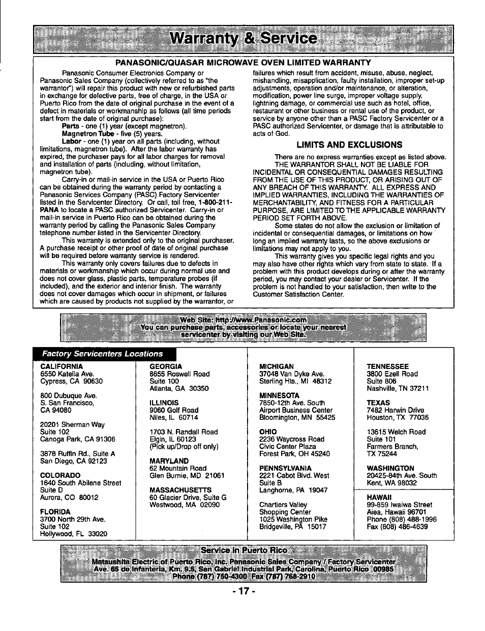 Panasonic/quasar microwave oven limited warranty, Limits and exclusions, Senrilce in: puerto l^lco | Iwarpnty*4%§tív'ge | Panasonic THE GENIUS PREMIER NN-S569 User Manual | Page 19 / 20