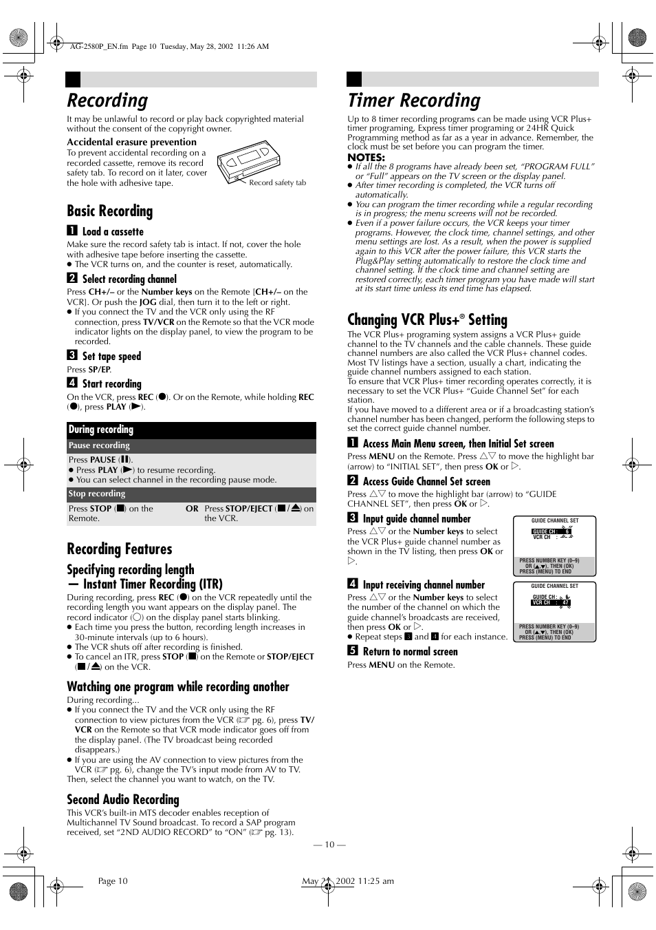 Recording, Basic recording, Recording features | Timer recording, Changing vcr plus+ setting, Changing vcr plus, Setting, Watching one program while recording another, Second audio recording | Panasonic AG-2580P User Manual | Page 10 / 16