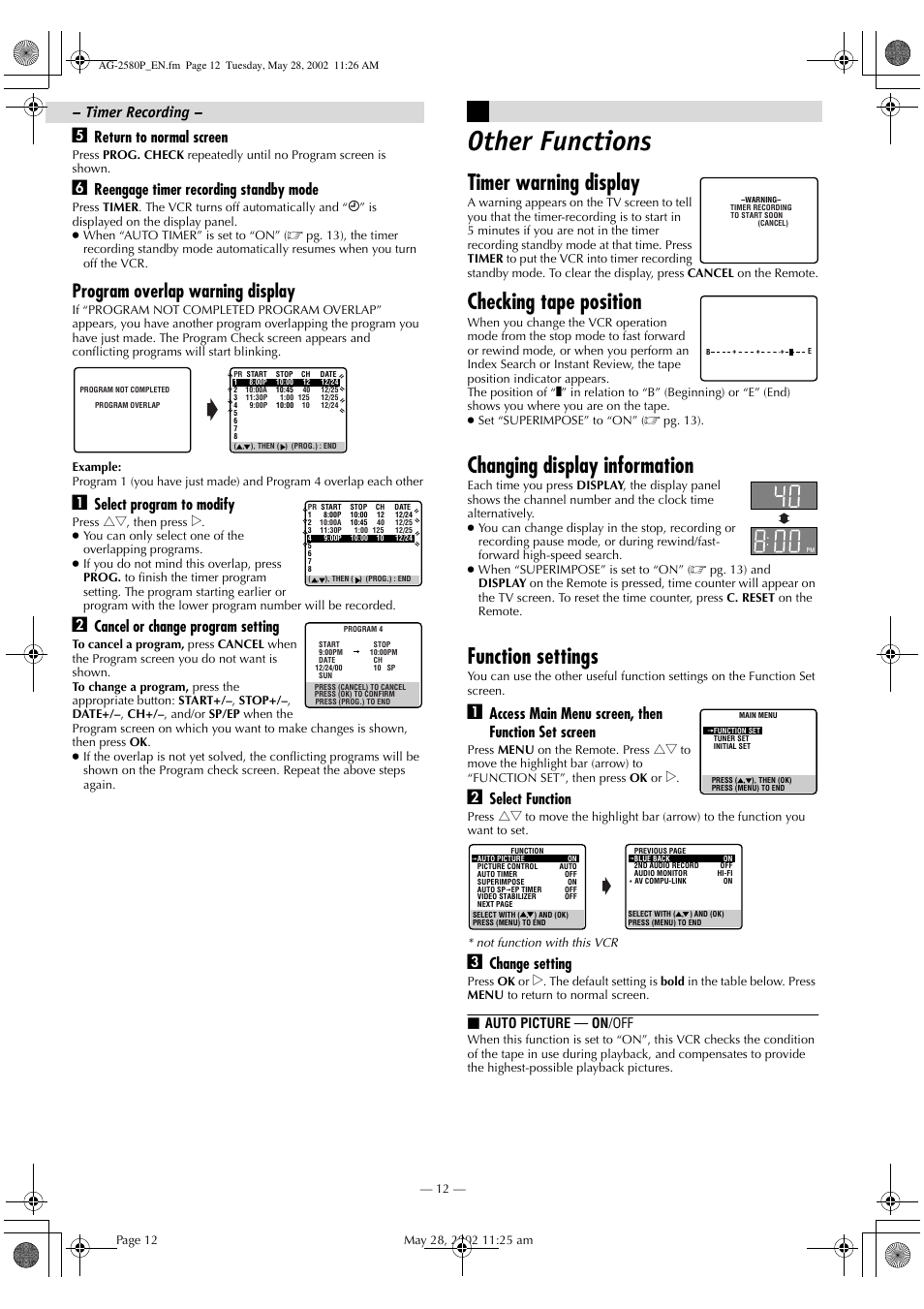 Other functions, Timer warning display, Checking tape position | Changing display information, Function settings, Program overlap warning display, Return to normal screen, Reengage timer recording standby mode, Select program to modify, Cancel or change program setting | Panasonic AG-2580P User Manual | Page 12 / 16