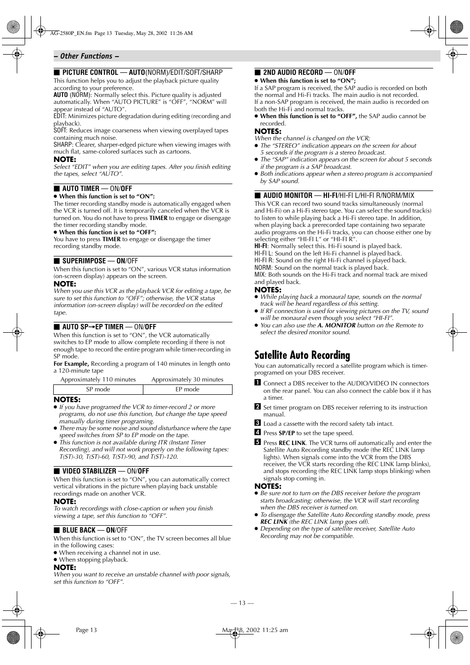 Satellite auto recording | Panasonic AG-2580P User Manual | Page 13 / 16