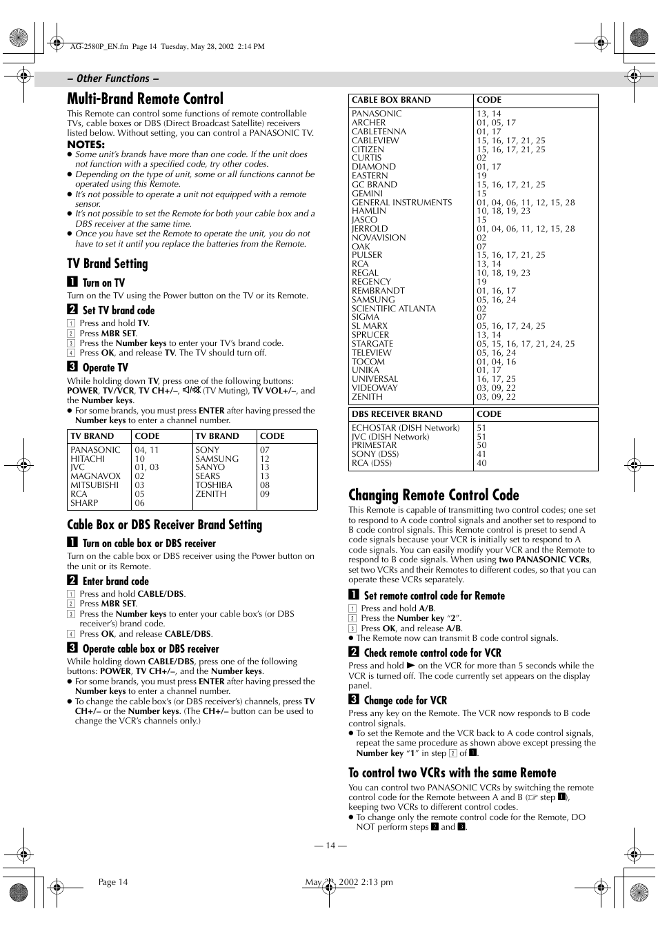 Multi-brand remote control, Changing remote control code, Tv brand setting a | Cable box or dbs receiver brand setting a | Panasonic AG-2580P User Manual | Page 14 / 16