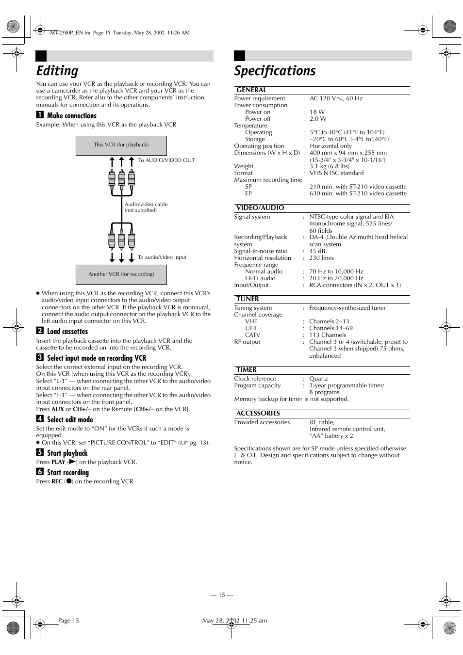 Editing, Specifications | Panasonic AG-2580P User Manual | Page 15 / 16