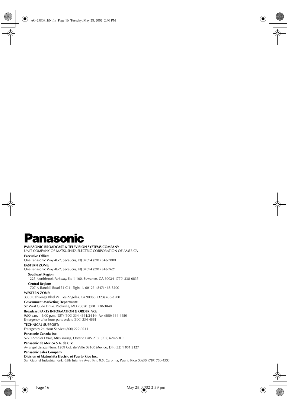 Panasonic AG-2580P User Manual | Page 16 / 16