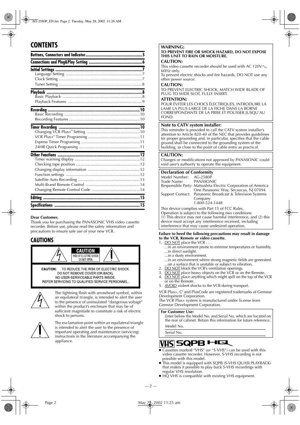 Panasonic AG-2580P User Manual | Page 2 / 16