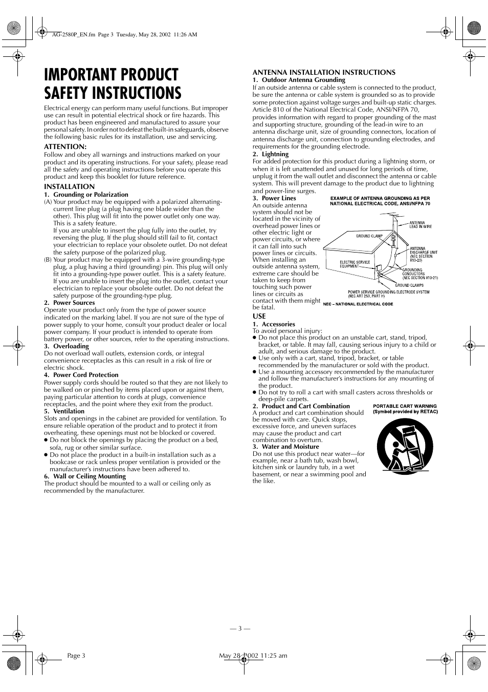 Important product safety instructions | Panasonic AG-2580P User Manual | Page 3 / 16