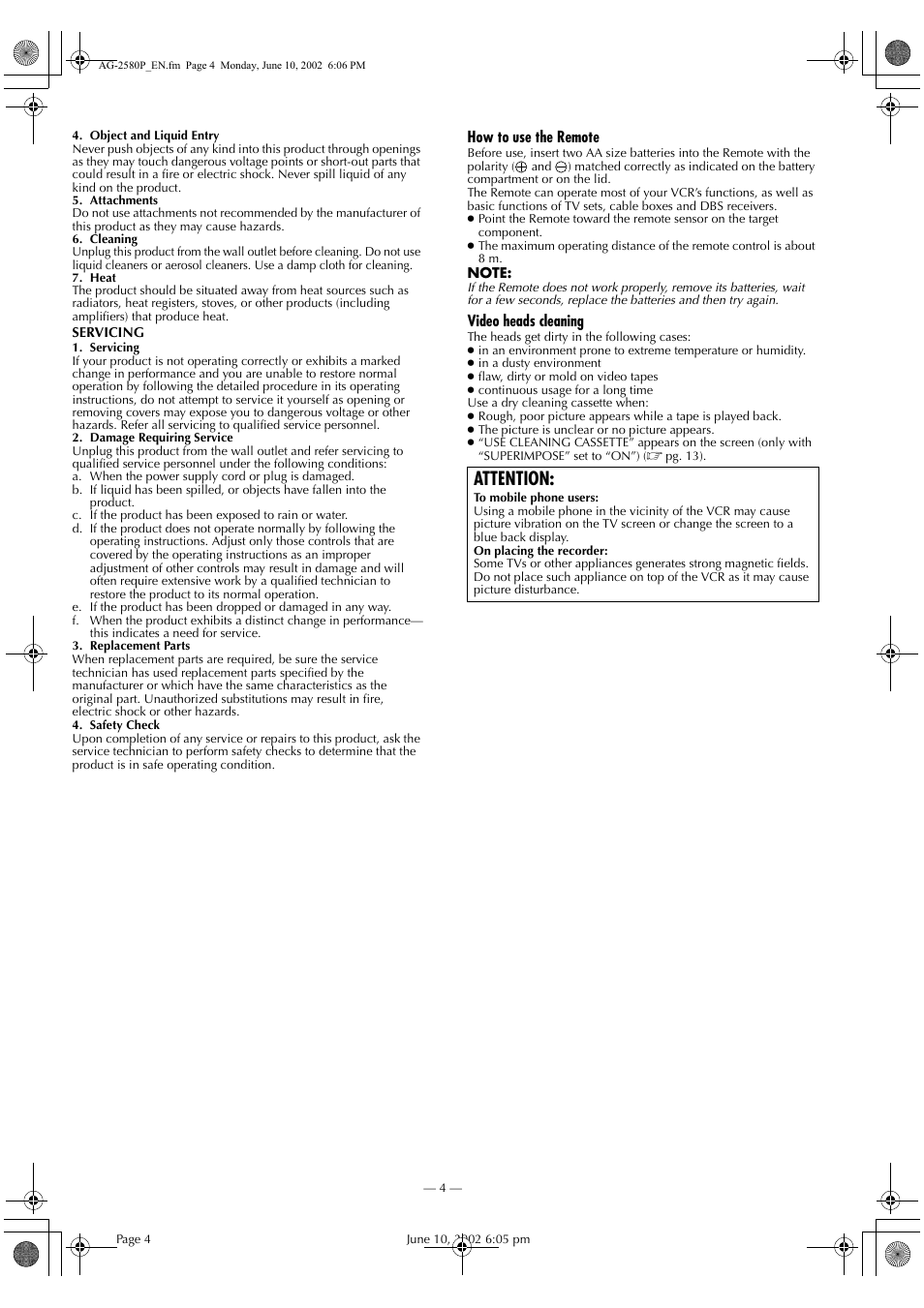 Attention | Panasonic AG-2580P User Manual | Page 4 / 16