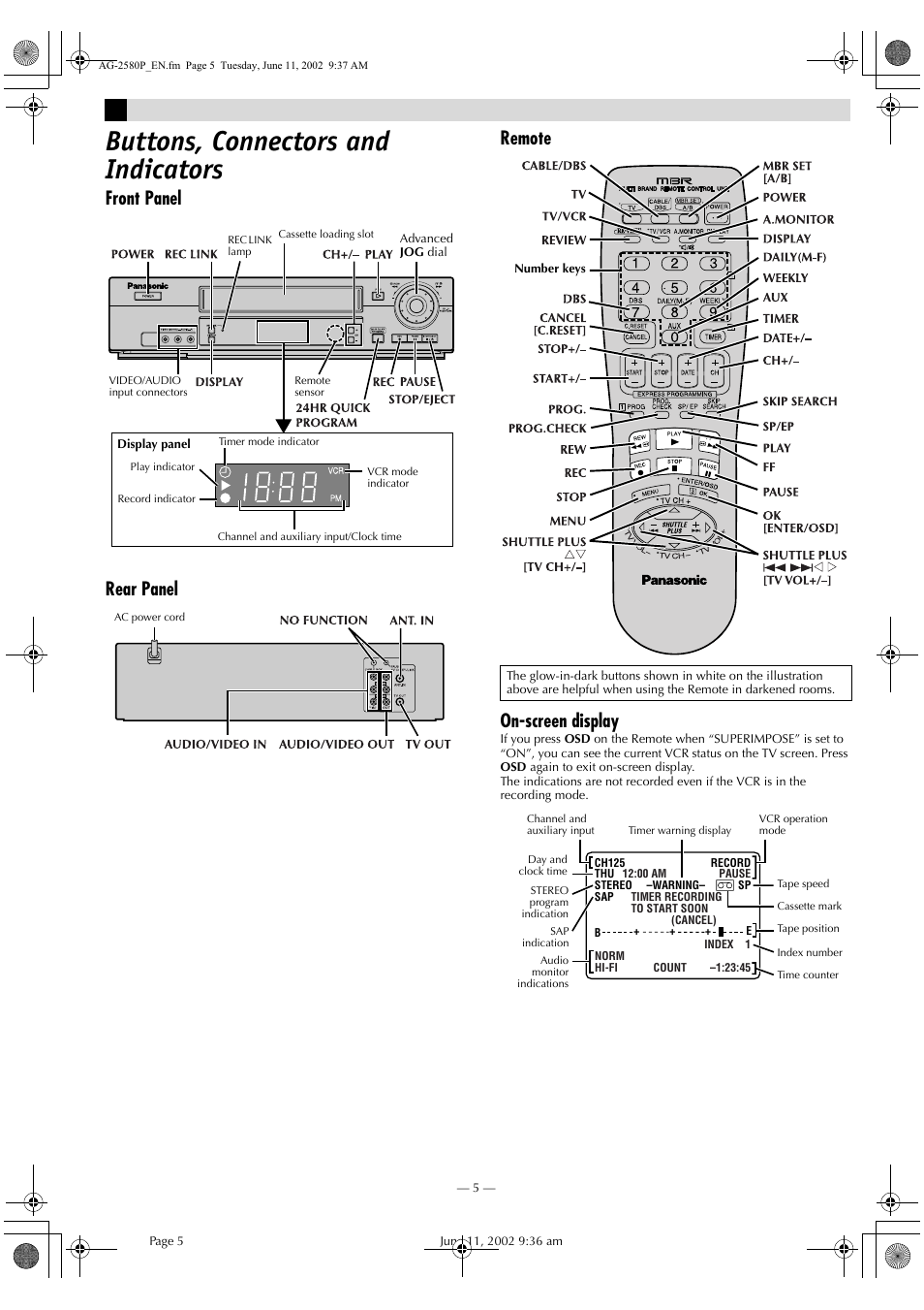 Buttons, connectors and indicators, Front panel rear panel remote on-screen display | Panasonic AG-2580P User Manual | Page 5 / 16