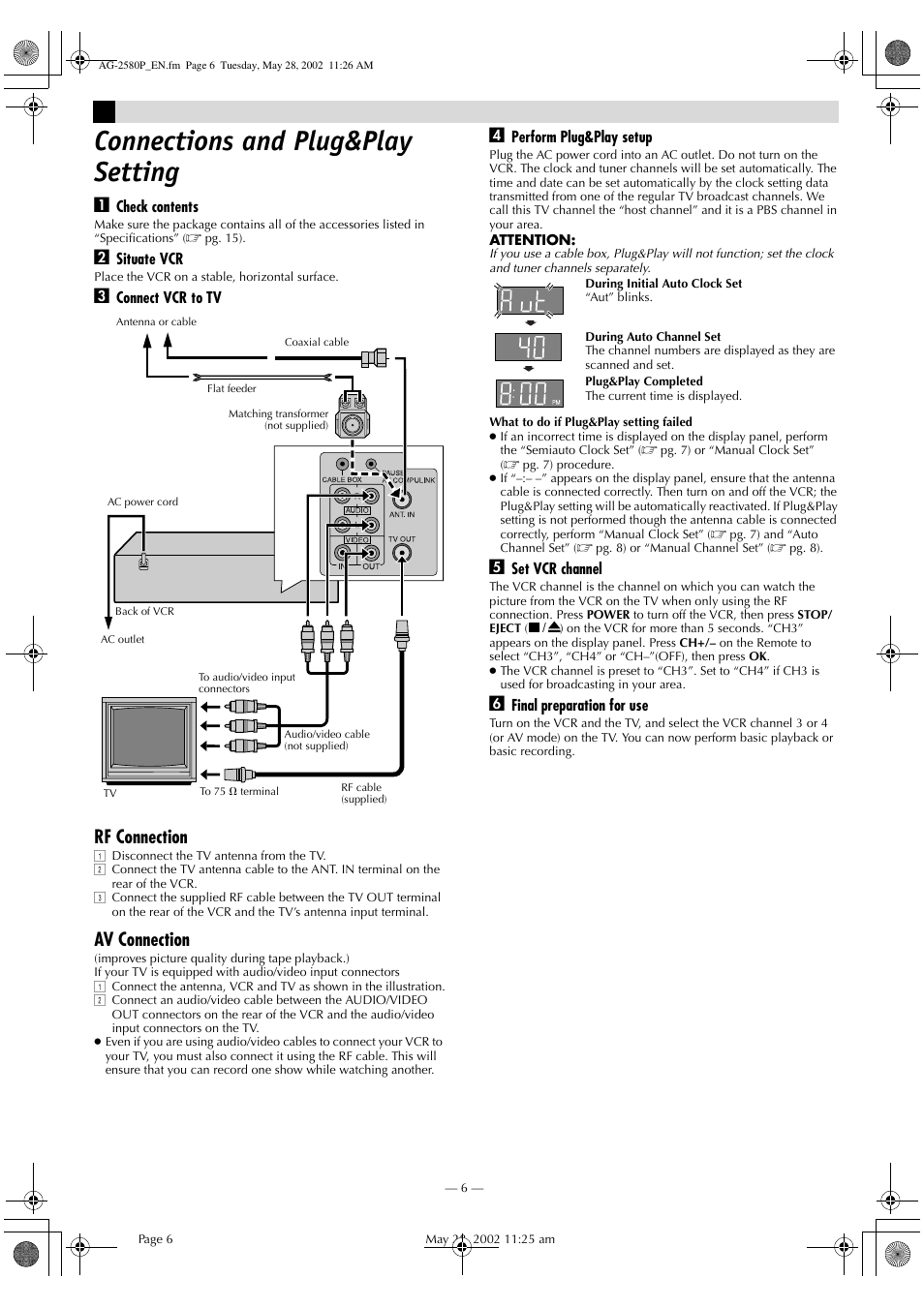 Connections and plug&play setting, Rf connection, Av connection | Panasonic AG-2580P User Manual | Page 6 / 16