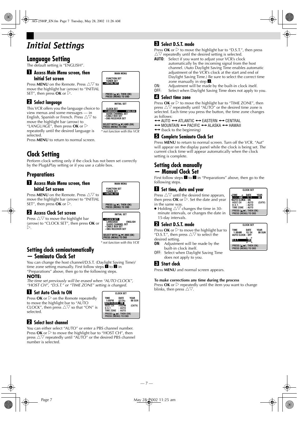 Initial settings, Language setting, Clock setting | Preparations a, Setting clock manually — manual clock set, Access main menu screen, then initial set screen, Select language, Access clock set screen, Set auto clock to on, Select host channel | Panasonic AG-2580P User Manual | Page 7 / 16