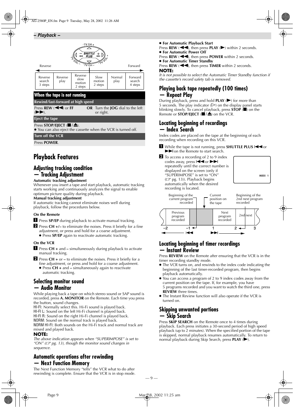 Playback features, Adjusting tracking condition — tracking adjustment, Selecting monitor sound — audio monitor | Locating beginning of recordings — index search, Skipping unwanted portions — skip search | Panasonic AG-2580P User Manual | Page 9 / 16