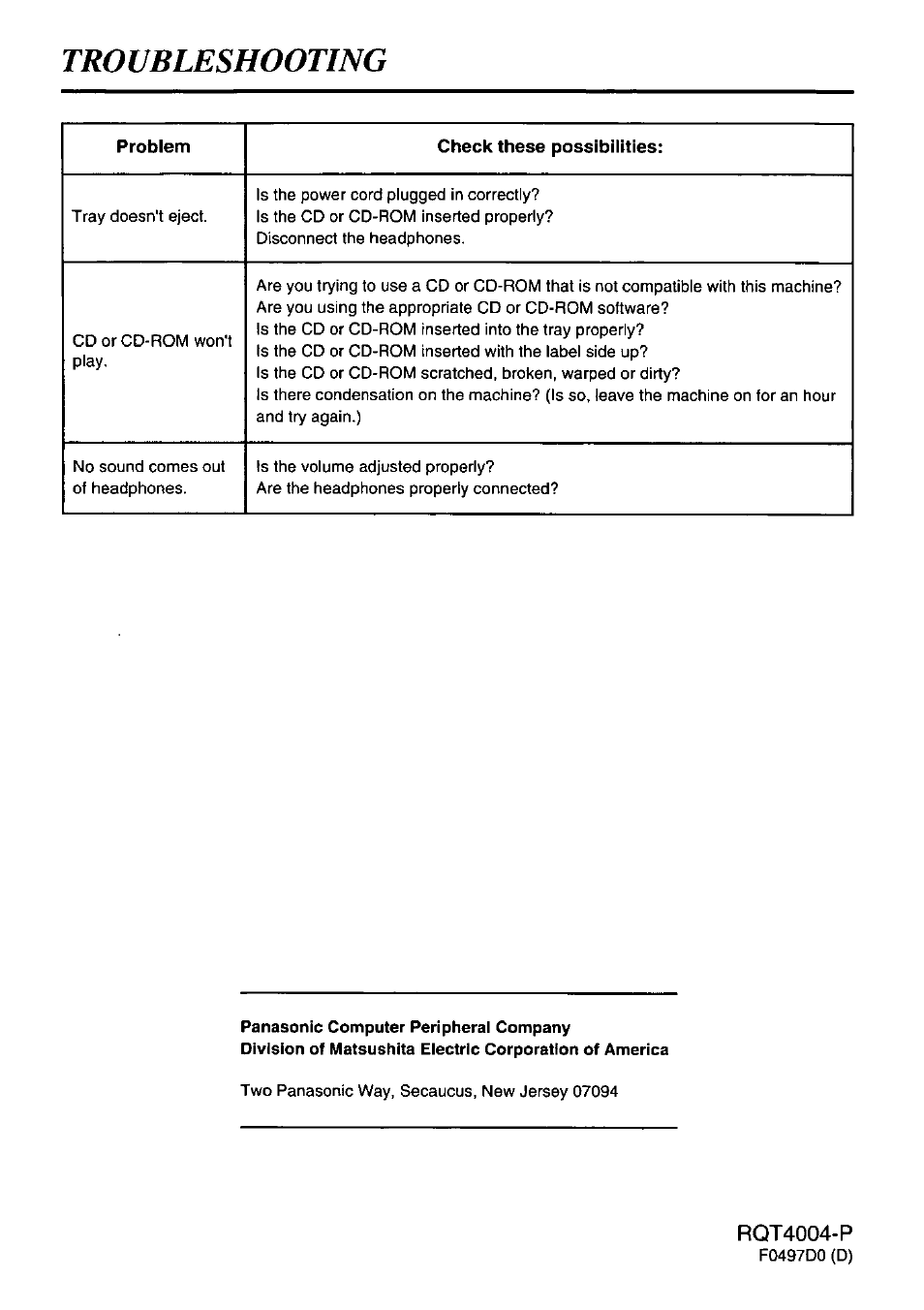 Troubleshooting, Rqt4004-p | Panasonic SQ-TC512F User Manual | Page 12 / 12