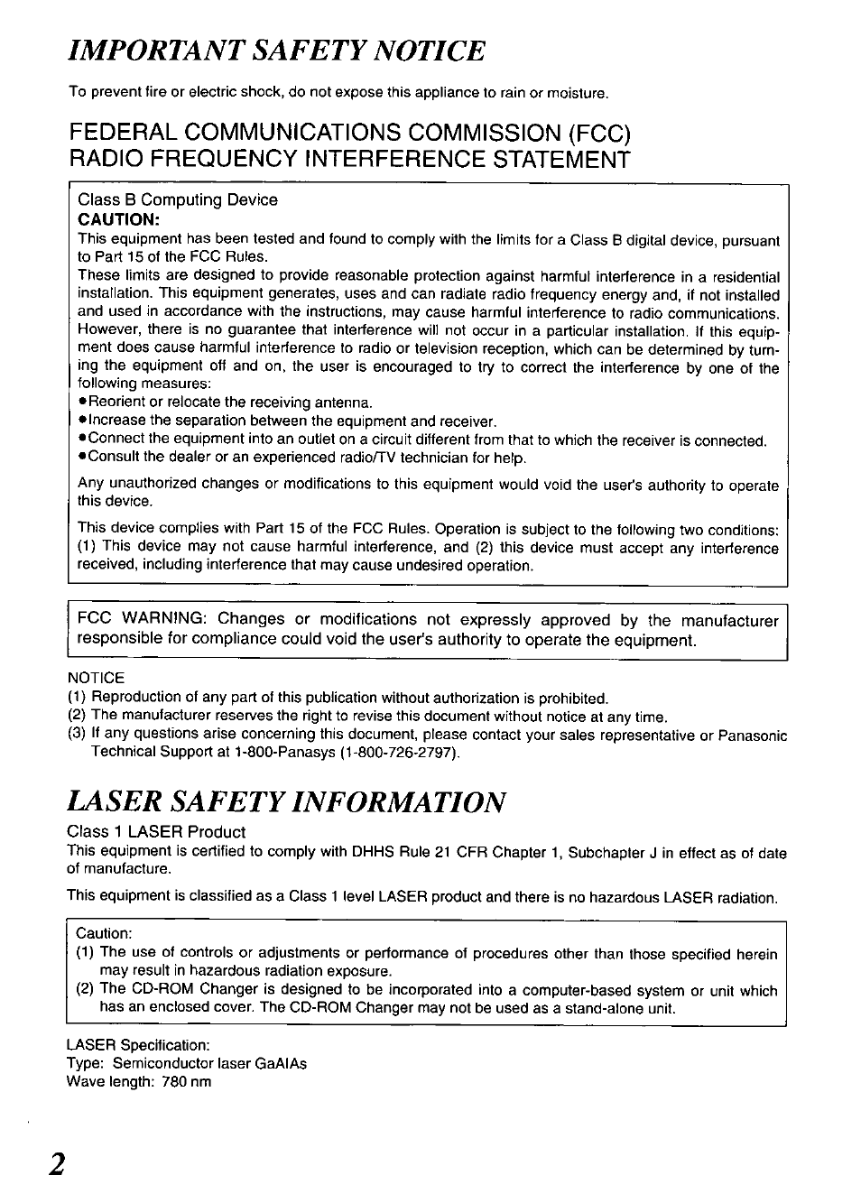 Important safety notice, Laser safety information | Panasonic SQ-TC512F User Manual | Page 2 / 12