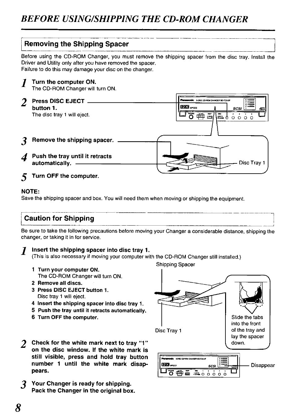 Removing the shipping spacer, Caution for shipping, Before using/shipping the cd-rom changer | Panasonic SQ-TC512F User Manual | Page 8 / 12