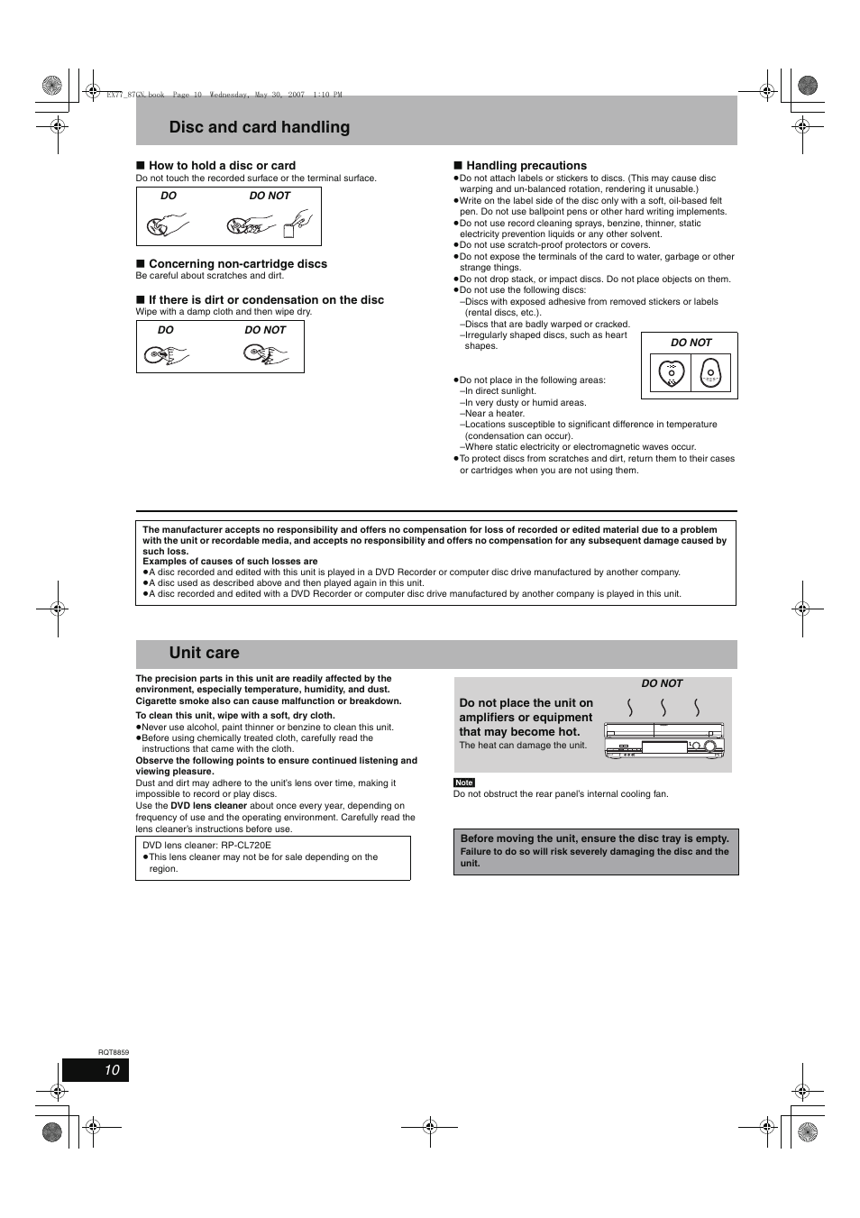 Disc and card handling, Unit care | Panasonic DMR-EX77 User Manual | Page 10 / 88