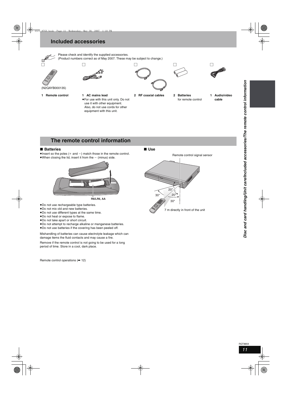 Included accessories, The remote control information | Panasonic DMR-EX77 User Manual | Page 11 / 88