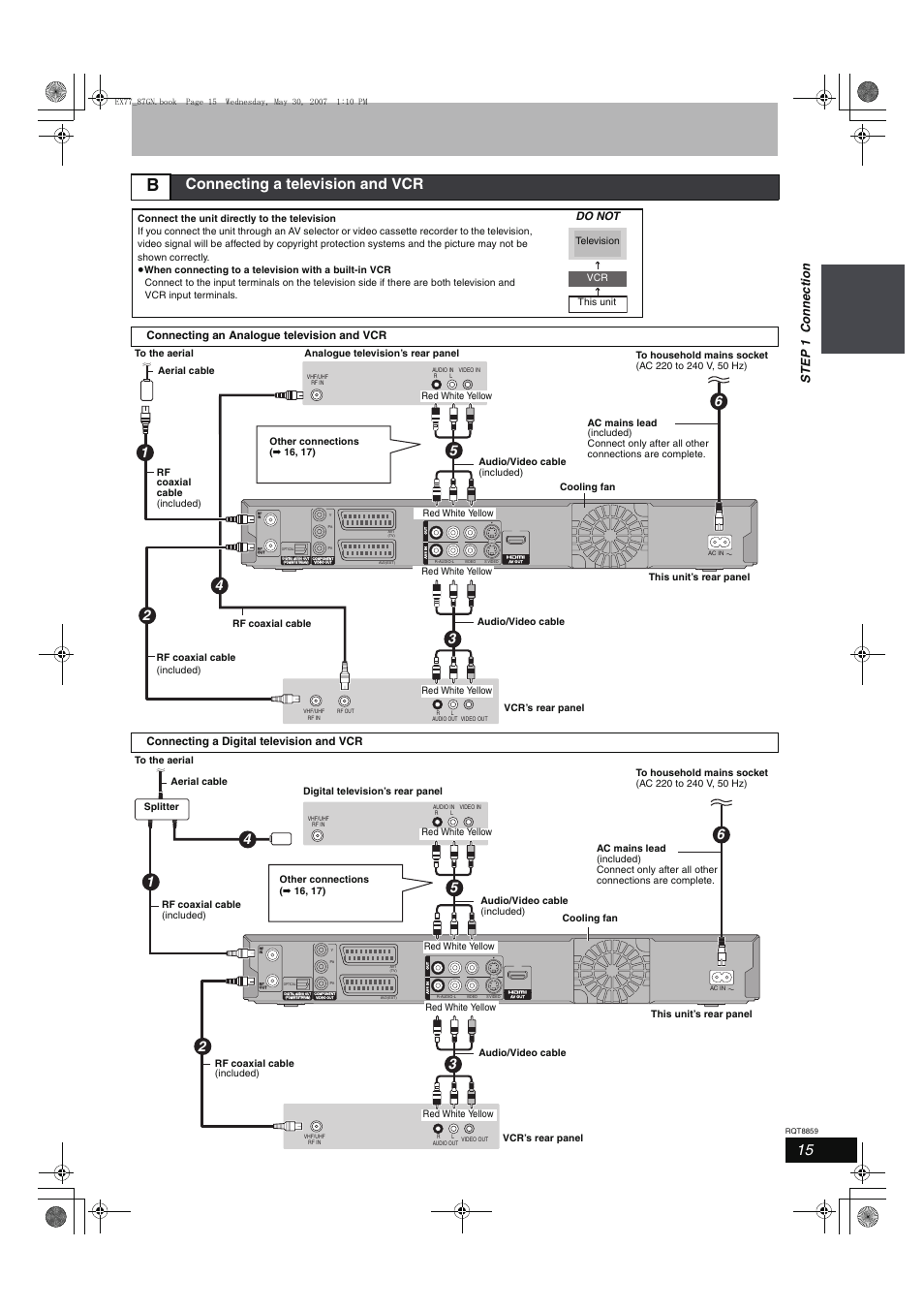 Connecting a television and vcr, Ste p 1 c onne c tion, Do not | Connecting an analogue television and vcr, Connecting a digital television and vcr | Panasonic DMR-EX77 User Manual | Page 15 / 88