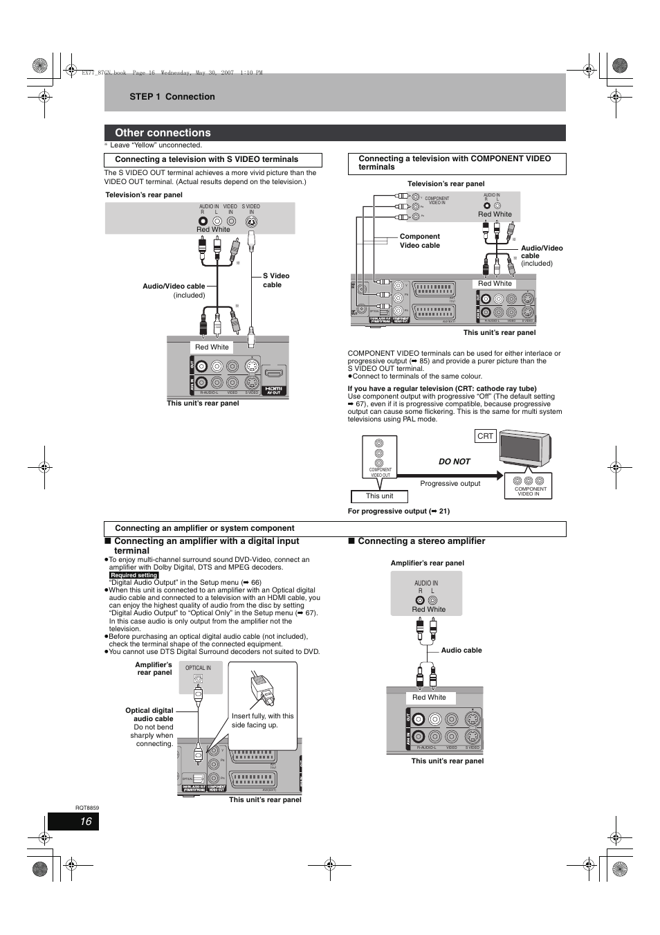 Other connections, Step 1 connection, Connecting a stereo amplifier | Do not, Connecting a television with s video terminals, Connecting an amplifier or system component, Red white, This unit progressive output | Panasonic DMR-EX77 User Manual | Page 16 / 88